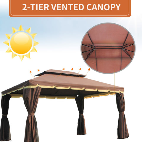 Image of 10’x13’ Steel Frame Double Top Gazebo Canopy w/ Mesh Netting Coffee
