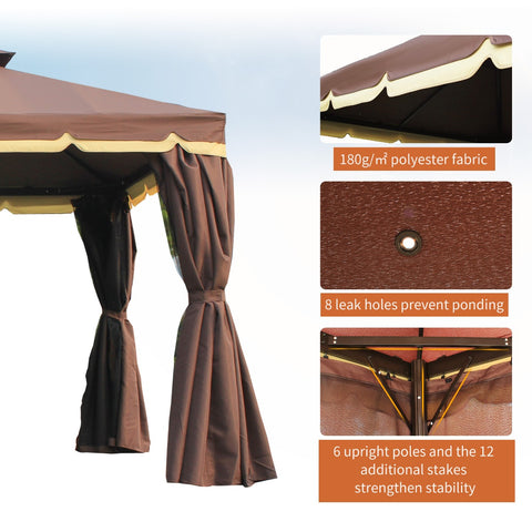 Image of 10’x13’ Steel Frame Double Top Gazebo Canopy w/ Mesh Netting Coffee