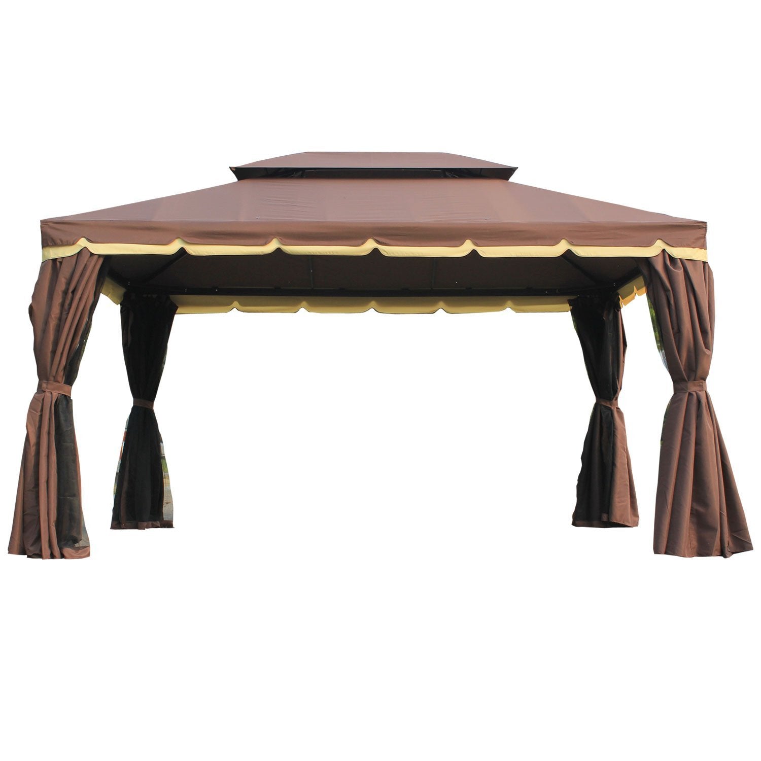 10’x13’ Steel Frame Double Top Gazebo Canopy w/ Mesh Netting Coffee
