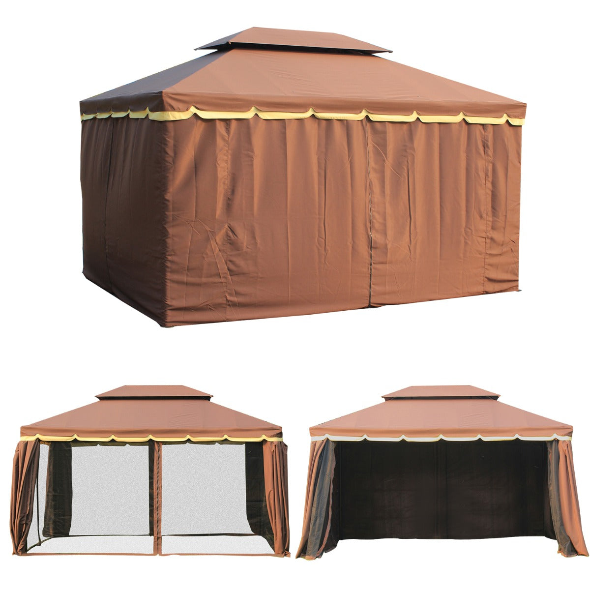 10’x13’ Steel Frame Double Top Gazebo Canopy w/ Mesh Netting Coffee