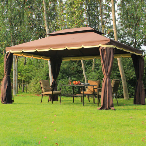 Image of 10’x13’ Steel Frame Double Top Gazebo Canopy w/ Mesh Netting Coffee