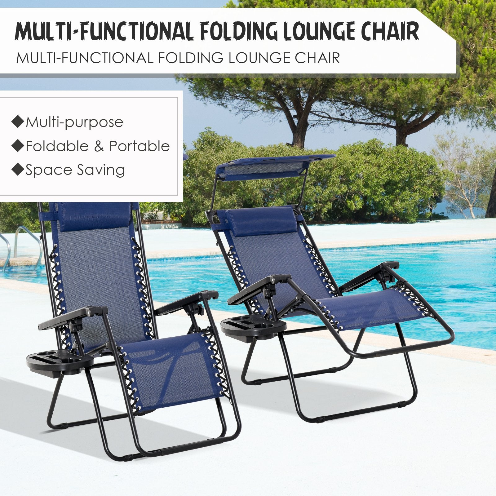 2 piece Zero Gravity Chair Adjustable Patio Lounge Chair Reclining Seat W/ Cup Holder & Canopy Shade