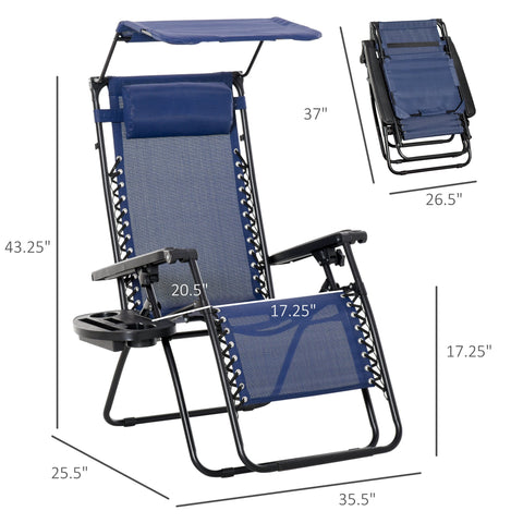 Image of 2 piece Zero Gravity Chair Adjustable Patio Lounge Chair Reclining Seat W/ Cup Holder & Canopy Shade