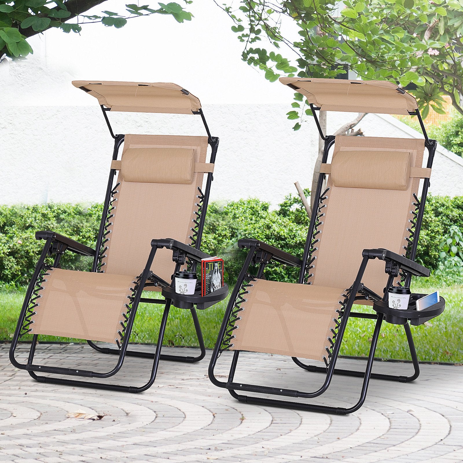 2 Piece Zero Gravity Chair Adjustable Reclining Seat W/ Cup Holder & Canopy Shade Beige