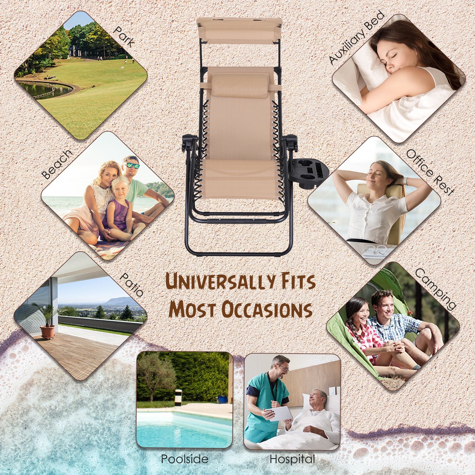 2 Piece Zero Gravity Chair Adjustable Reclining Seat W/ Cup Holder & Canopy Shade Beige