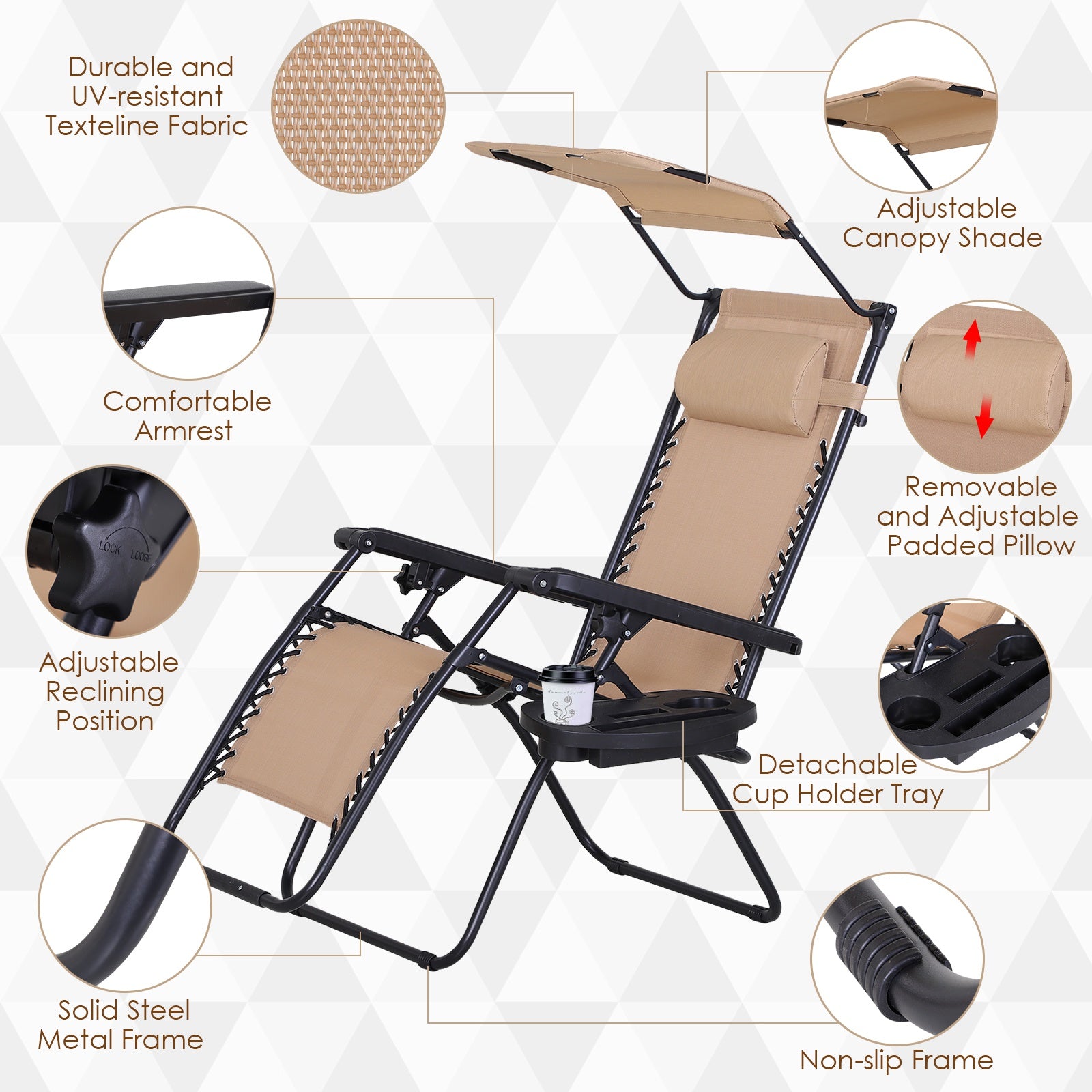 2 Piece Zero Gravity Chair Adjustable Reclining Seat W/ Cup Holder & Canopy Shade Beige