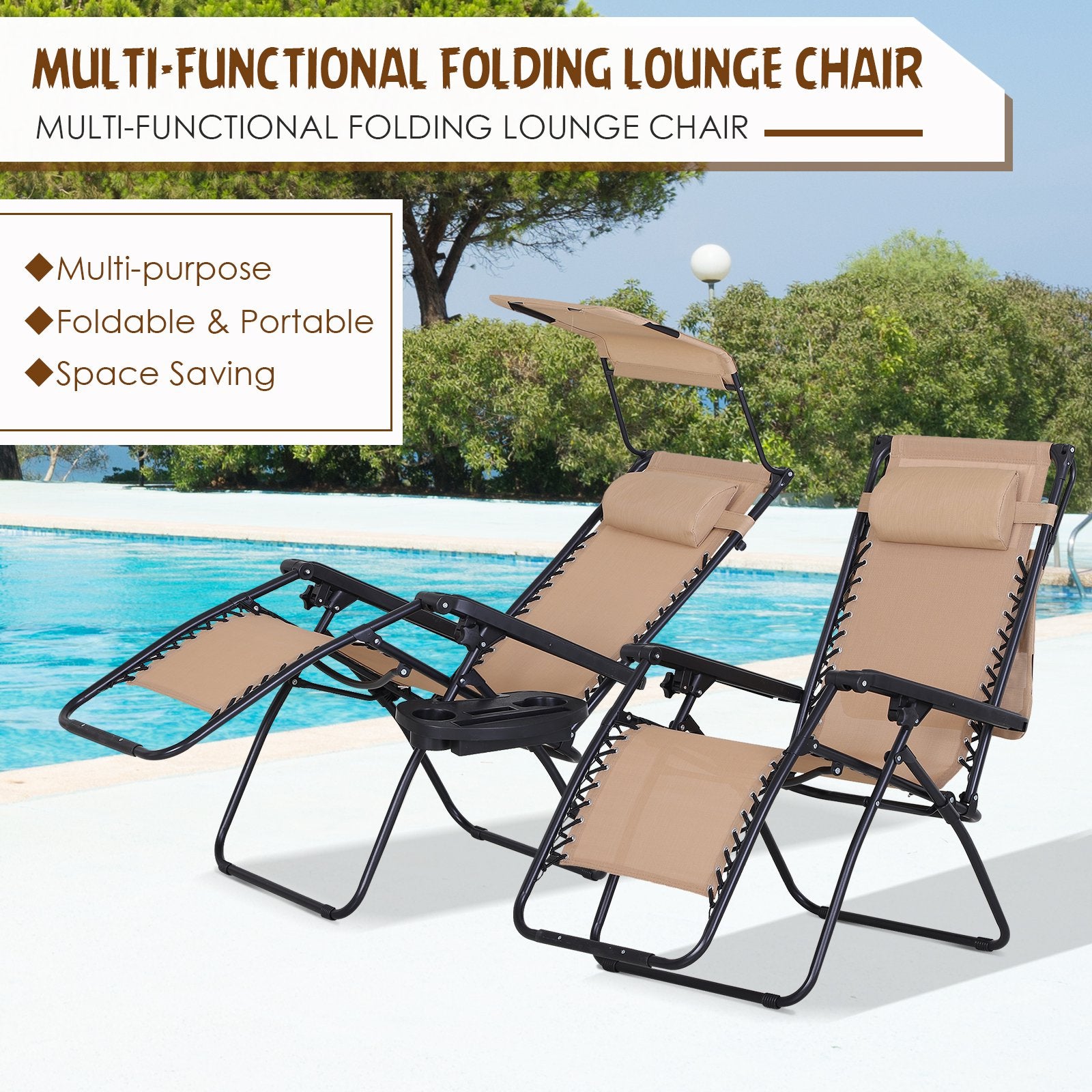 2 Piece Zero Gravity Chair Adjustable Reclining Seat W/ Cup Holder & Canopy Shade Beige