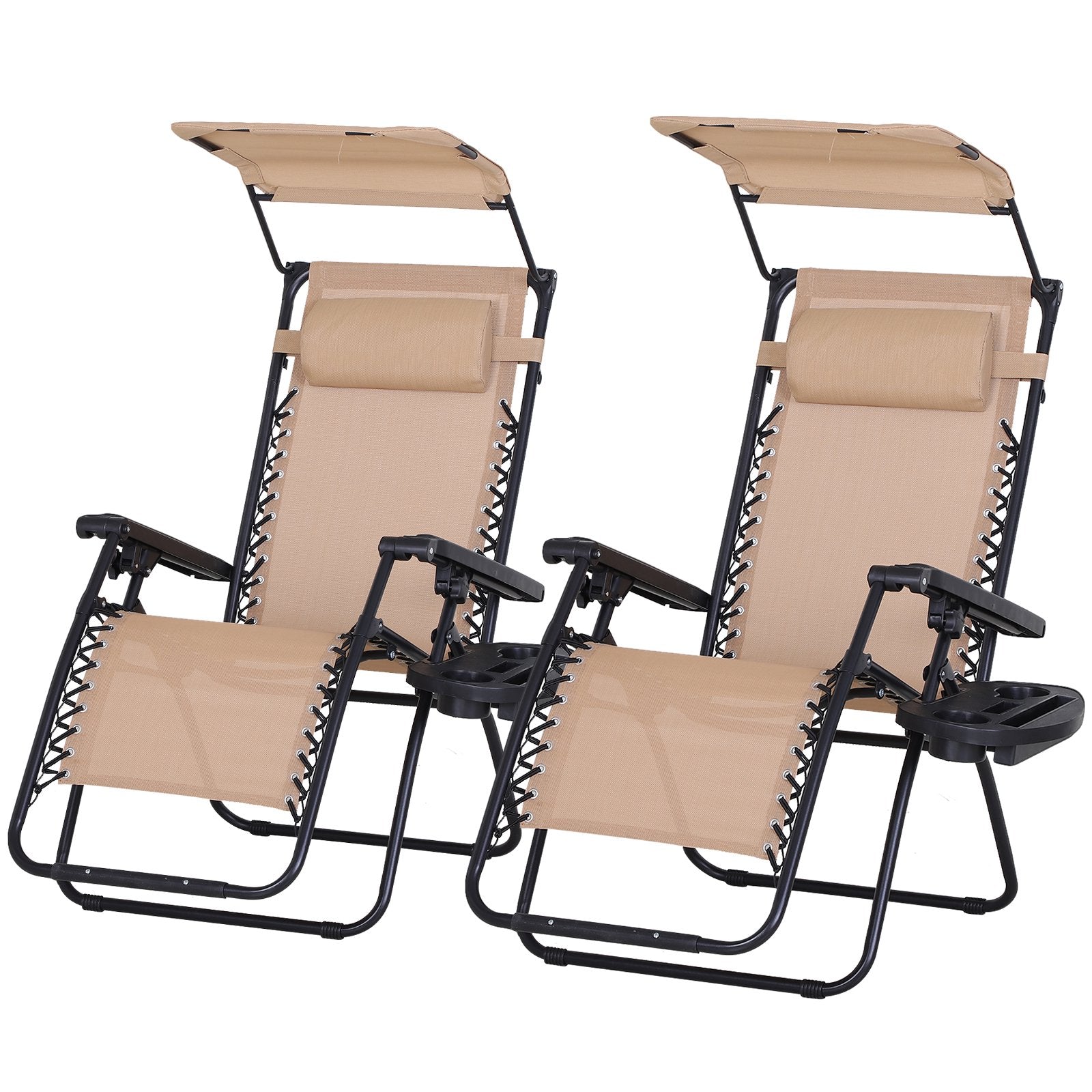2 Piece Zero Gravity Chair Adjustable Reclining Seat W/ Cup Holder & Canopy Shade Beige