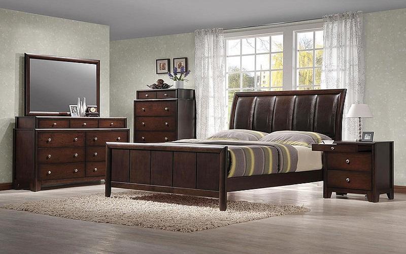 FurnitureMattressDirect- BEDROOM SET WITH LEATHER INSERT CURVED HEAD BOARD 8 PC - DARK WALNUT