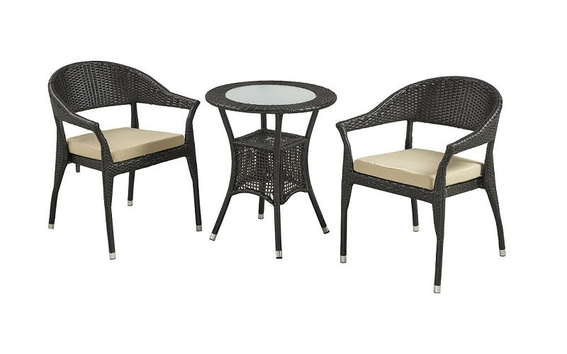 Outdoor Bistro Set with Centre Table (Natural & Beige) with Bige Polyester water-resistant cushions   Model- OF-07-XL   Table: L23.6” x W23.6” x L28” Chair: L22.8” x W24.4” x L31”   Colour- Natural & Beige Material- Wicker material and Polyester water-resistant Fabric