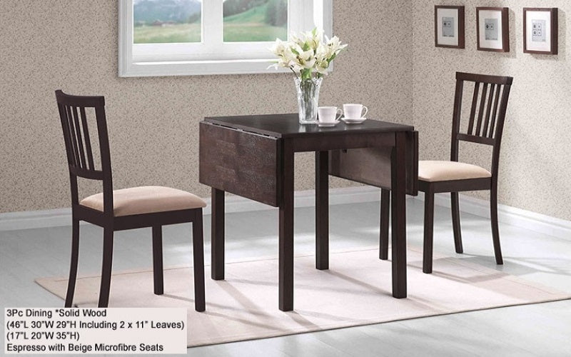 FurnitureMattressDirect- KITCHEN SET SOLID WOOD WITH EXTENDABLE LEAFS - 3 PC - ESPRESSO | BEIGE    A-KS134