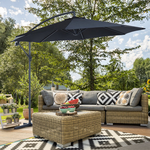 Image of 10' Deluxe Patio Umbrella Outdoor Market Parasol Banana Hanging Offset Sunshade Crank Cross Base Black