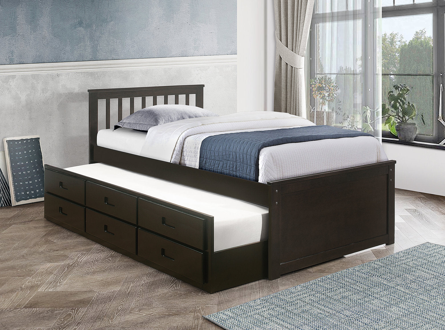 Twin/Twin Espresso Wood Captain Bed with Pull-out Drawers