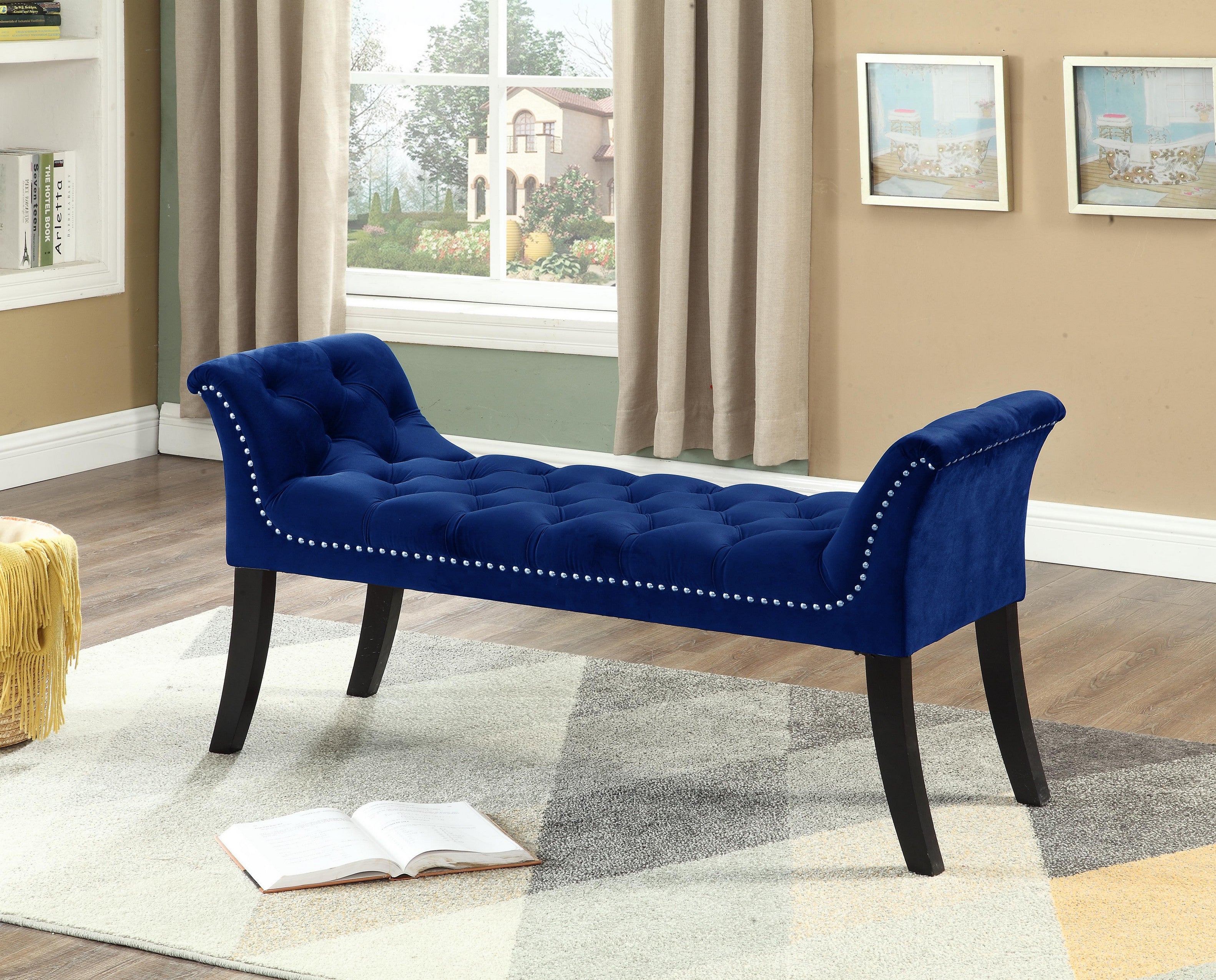 Bench With Blue Velvet Finish