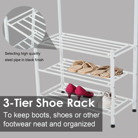 Image of Heavy Duty 2-In-1 Metal Coat Shoe Rack Entryway Hall Tree 18 Hooks with 3 Tier Shelves White