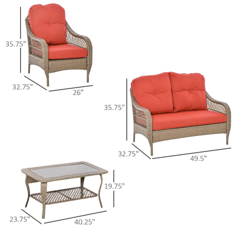 Image of 4-Piece Garden Furniture Garden Lawn Pool Backyard Outdoor Sofa Wicker Conversation Set w/ Weather Resistant Cushions and Tempered Glass Tabletop Khaki & Red
