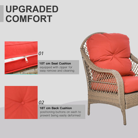 Image of 4-Piece Garden Furniture Garden Lawn Pool Backyard Outdoor Sofa Wicker Conversation Set w/ Weather Resistant Cushions and Tempered Glass Tabletop Khaki & Red