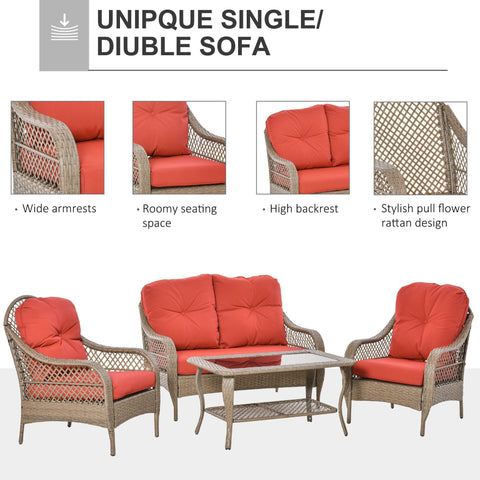 Image of 4-Piece Garden Furniture Garden Lawn Pool Backyard Outdoor Sofa Wicker Conversation Set w/ Weather Resistant Cushions and Tempered Glass Tabletop Khaki & Red