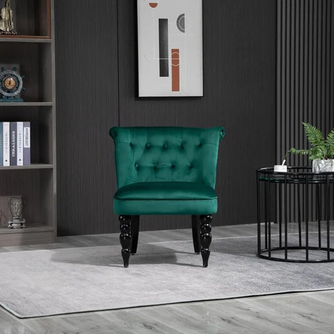 Image of Vintage Leisure Accent Chair with Button Tufted Straight Back Turned Legs Thick Sponge Padding for Living Room Dining Room Study Dark Green