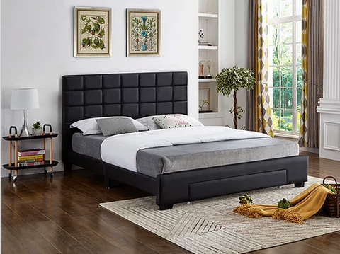 Image of Black PU Bed with a Square Pattern Tufted Headboard and Storage Drawer (Bed in a Box)
