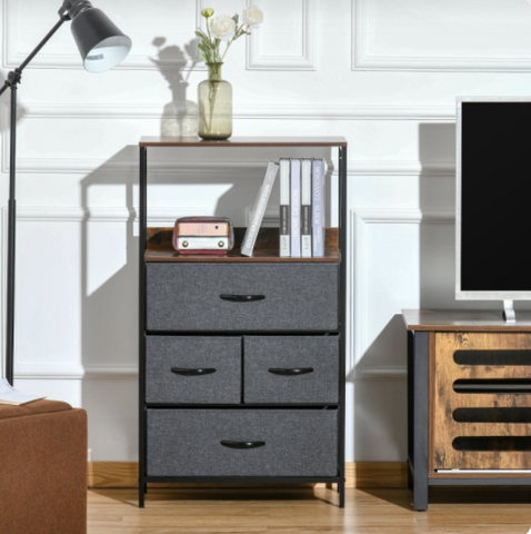 Image of Chest of Drawers Bedroom Unit Storage Cabinet with 4 Fabric Bins for Living Room, Bedroom and Entryway, Black