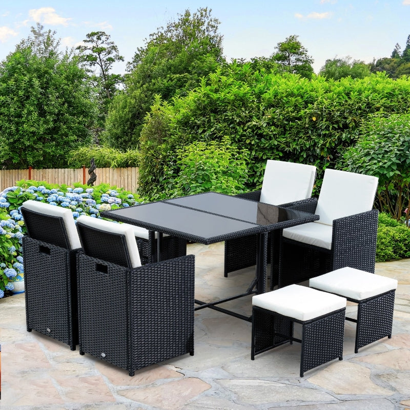 9 Piece Patio Wicker Dining Set Rattan Garden Sectional Sofa Outdoor Space-Saving Armchair & Ottoman Furniture Sets w/ Cushion, Comes in Blue, White or Grey Colour