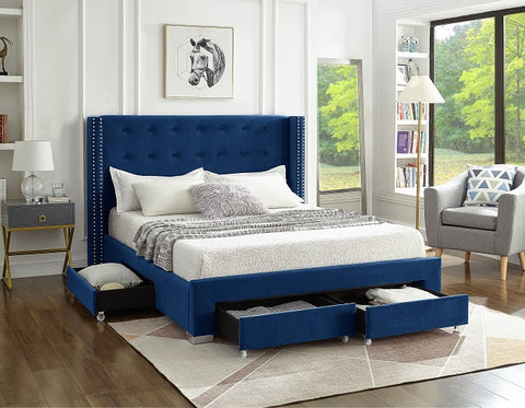 Image of Blue Velvet Fabric Wing Bed **Shipped in the GTA Area Only**