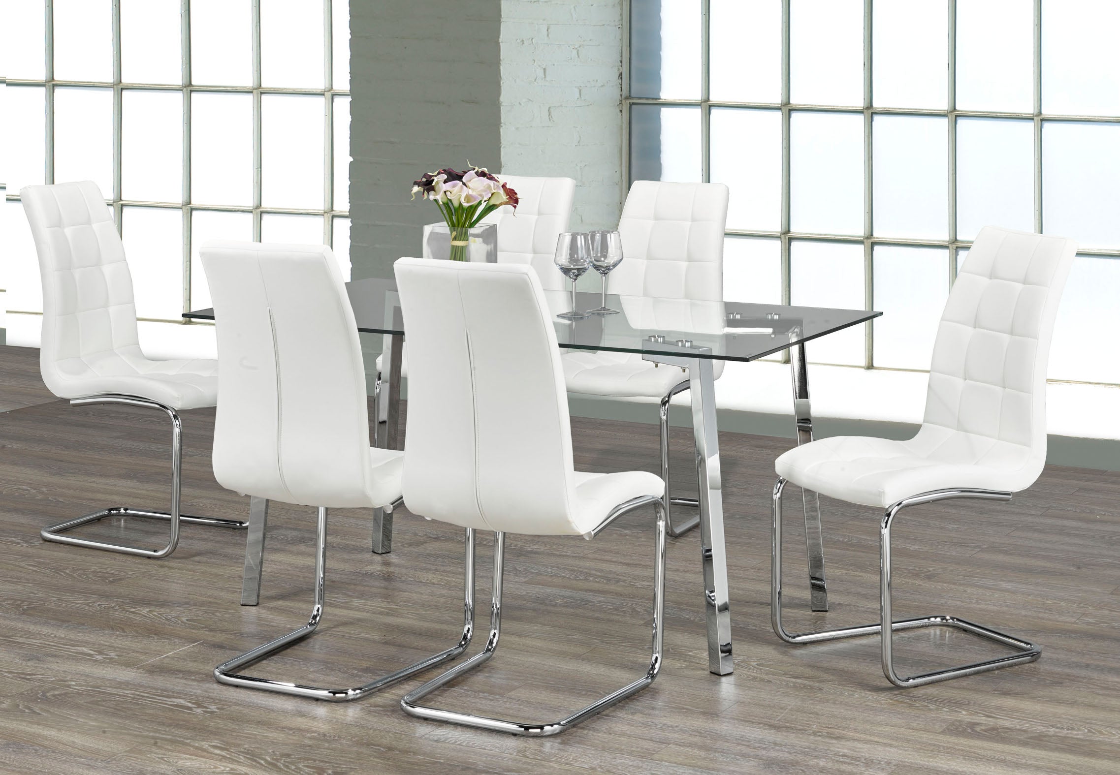 7pc Dining Set in White Chrome