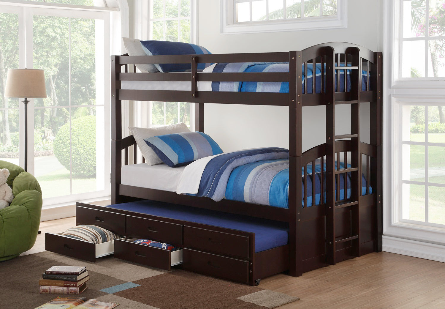 furnituremattressdirect-Trundle Bunk Bed With Storage Drawers in Espresso -INTBED601