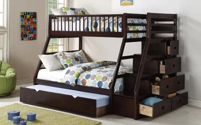 Image of FurnitureMattressDirect-Bunk Bed - Twin over Double with Trundle, Drawers, Staircase Solid Wood - Espresso-LSSSS
