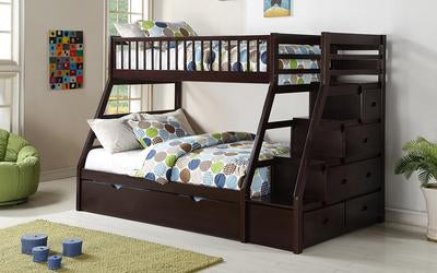 Image of FurnitureMattressDirect-Bunk Bed - Twin over Double with Trundle, Drawers, Staircase Solid Wood - Espresso-LSSSS