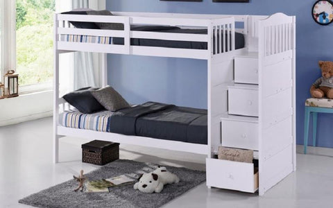 Image of FurnitureMattressDirect-Bunk Bed - Twin over Twin or Double with Drawers, Staircase Solid Wood - White-A7