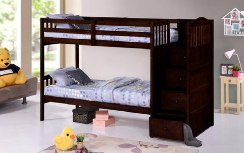 Image of FurnitureMattressDirect-Bunk Bed - Twin over Twin or Double with Drawers, Staircase Solid Wood - Espresso