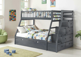 Image of Bunk Bed - Twin Over Double With Trundle, Drawers, Staircase Solid Wood - Espresso/Grey