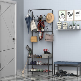 Multi-purpose Rack and Organizer Metal Entryway Coat Shoe Rack 3 Tier Shelves Entryway Hall Tree Black