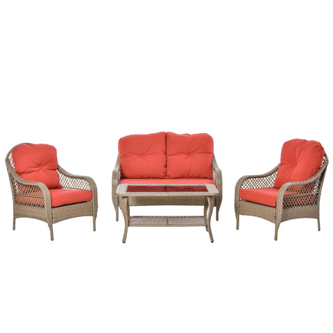 Image of 4-Piece Garden Furniture Garden Lawn Pool Backyard Outdoor Sofa Wicker Conversation Set w/ Weather Resistant Cushions and Tempered Glass Tabletop Khaki & Red