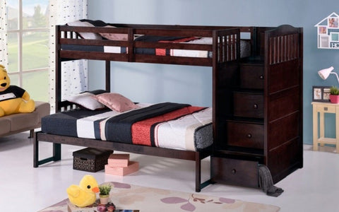 Image of Bunk Bed - Twin Over Twin or Double With Drawers, Staircase Solid Wood - Espresso