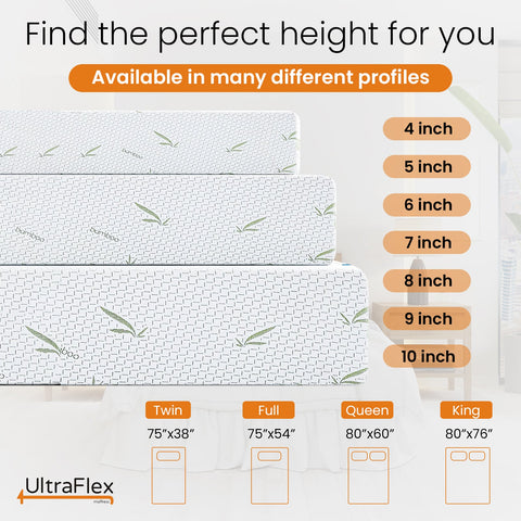 Image of UltraFlex SleepTight – Canadian Made- Gel Memory Foam Mattress | CertiPUR-US® Certified, Cooling, Pressure Relief, Medium Firm, Fiberglass-Free, Bamboo Cover | Ideal for Bunk Beds, RVs & All Frames | Spinal Support & Motion Isolation