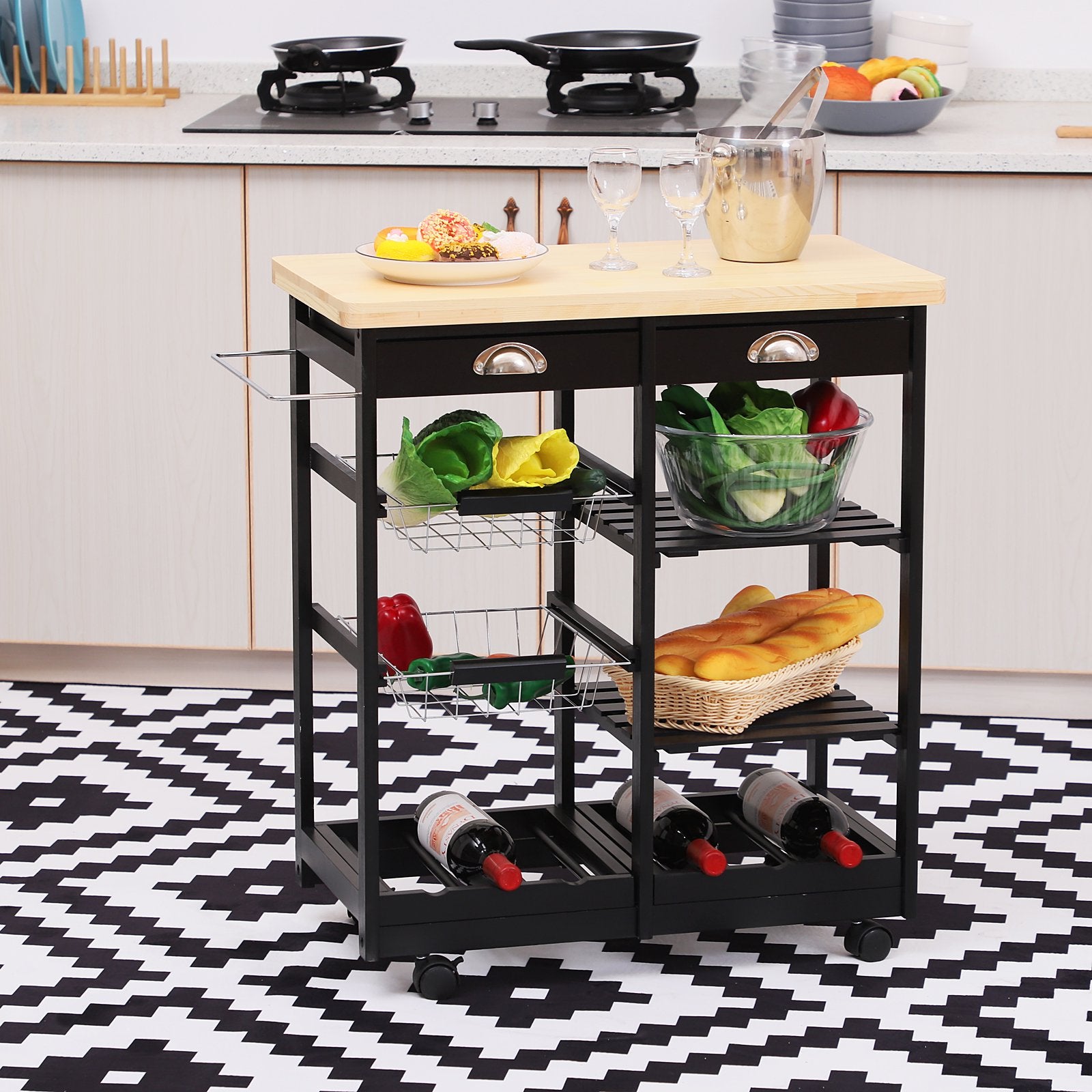 Rolling Kitchen Island Trolley Serving Cart Wheeled Storage Cabinet w/ Basket Shelves and Drawers Black