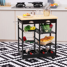 Rolling Kitchen Island Trolley Serving Cart Wheeled Storage Cabinet w/ Basket Shelves and Drawers Black