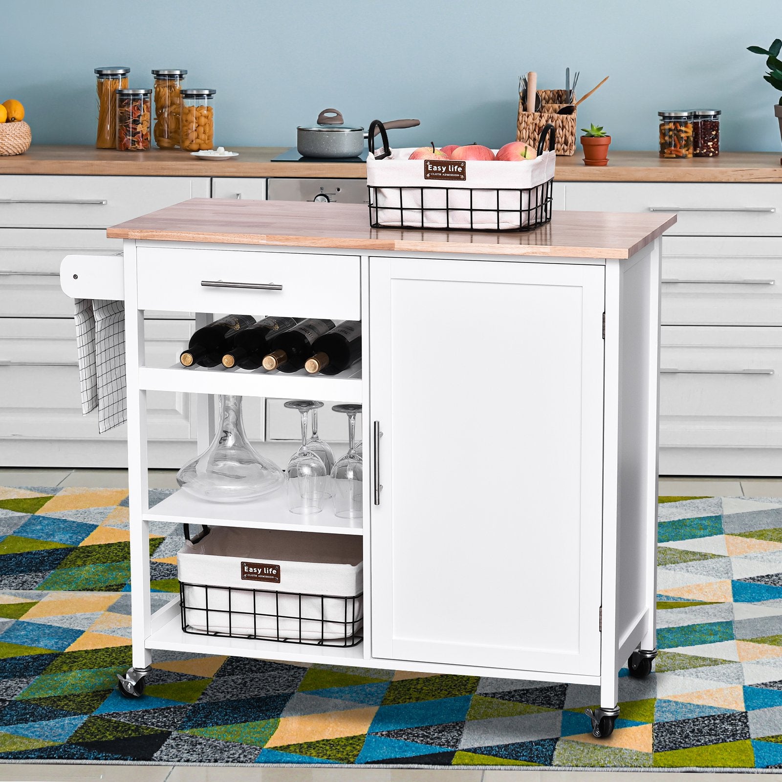 Kitchen Trolley Serving Cart Rolling with Drawer and Open Shelf White