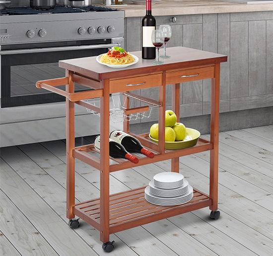 Wooden Kitchen Trolley Cart Basket Drawer Dining Storage w/Roller Holder Wood