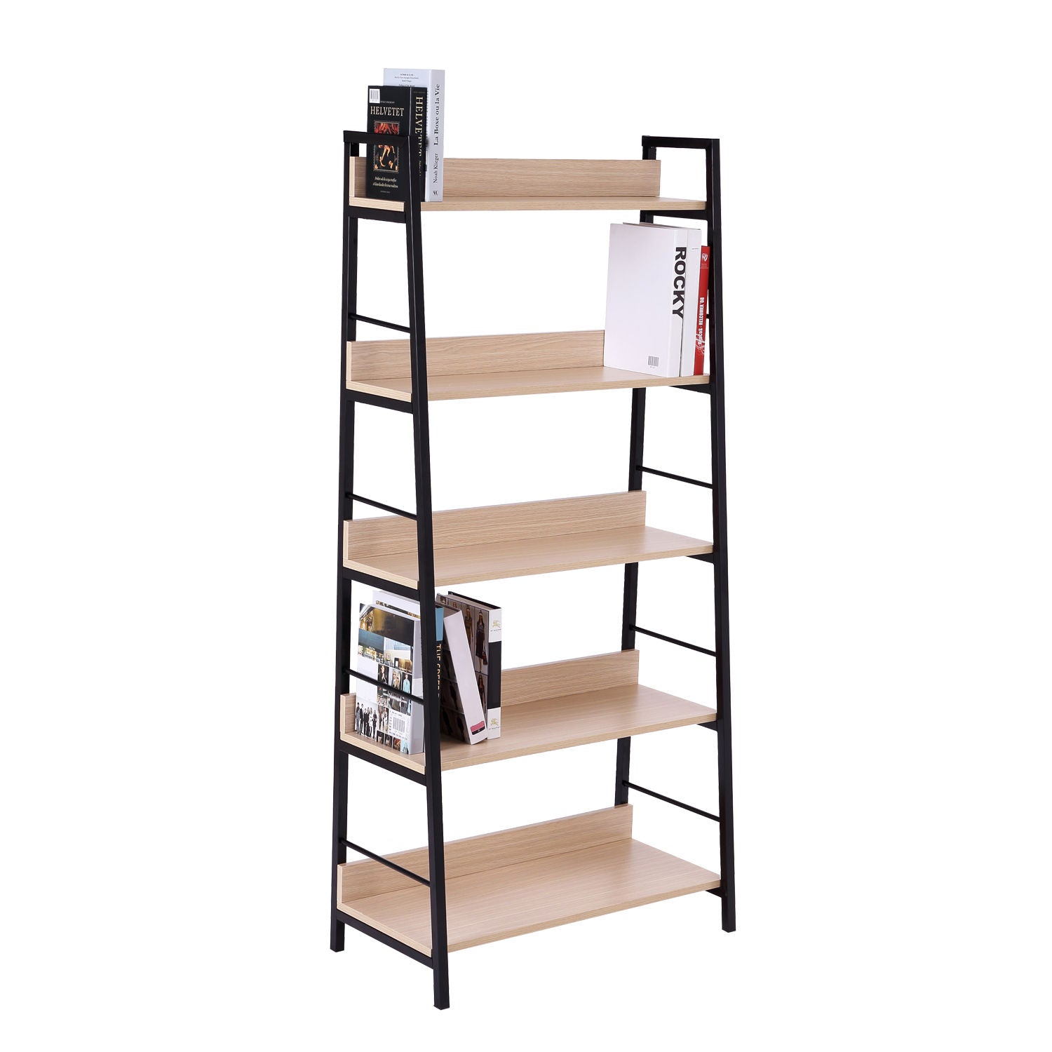 Wood Bookcase 5-Tier Wide Bookshelf Shelving Storage Furniture Home (Oak/Black)