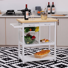 Wooden Rolling Kitchen Trolley Wood Top Island Storage Serving Cart Included Wine Rack with Drawers White