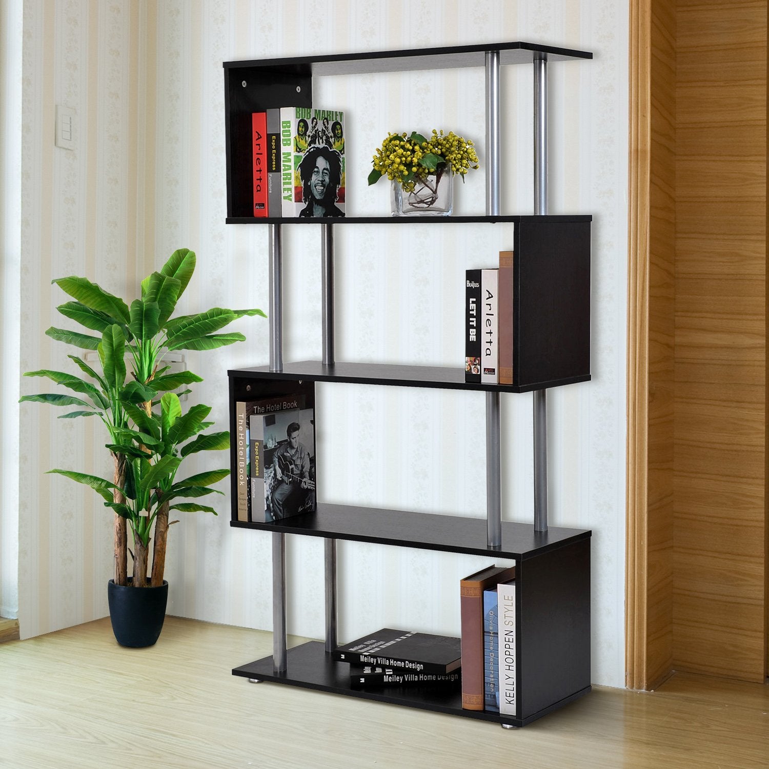 4-Tires Wooden Bookcase S Shape Storage Display Unit Home Décor Black