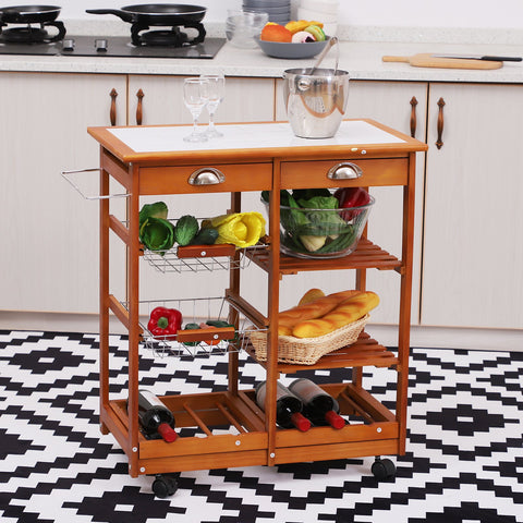 Rolling Kitchen Trolley Cart 4 Tier Storage Wooden Table Rack 2 Drawers Baskets Countertop