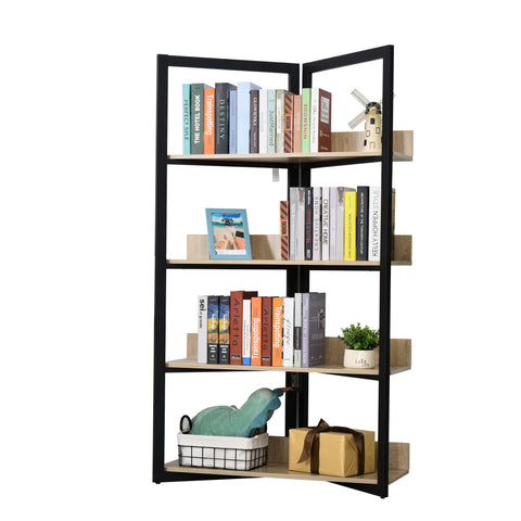 Image of 4-Tier Bookshelf Storage Multifunctional Plant Display Corner Shelf Oak Color & Black