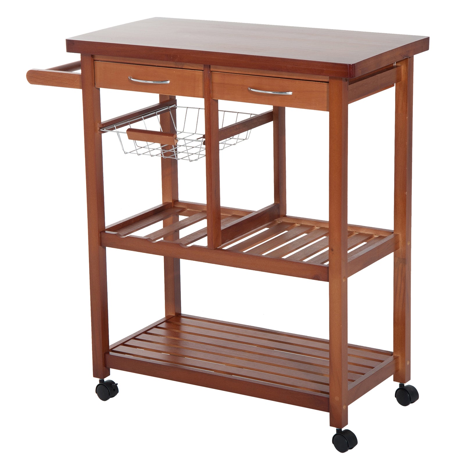 Wooden Kitchen Trolley Cart Basket Drawer Dining Storage w/Roller Holder Wood