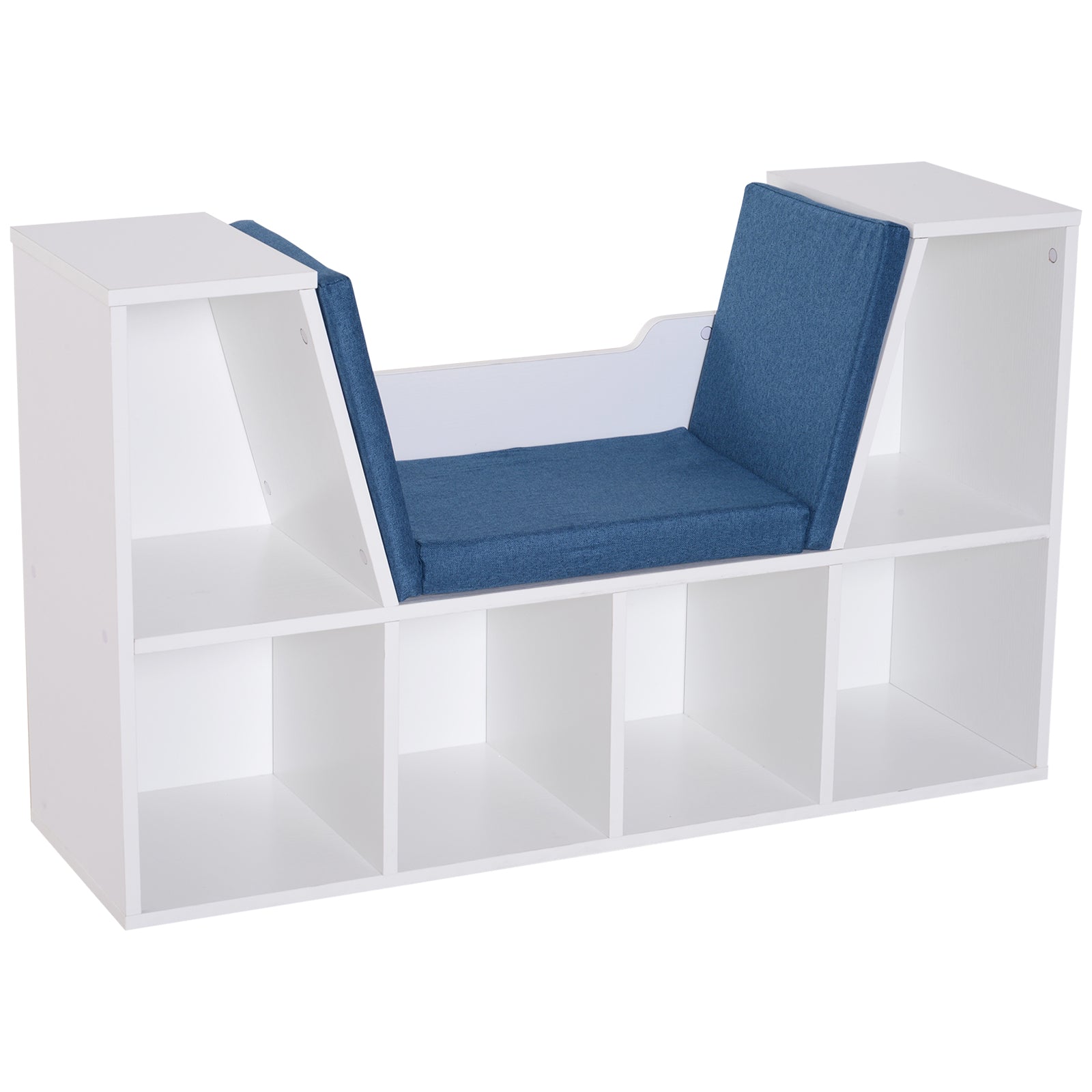 6-Cubby Kids Bookcase w/ Cushioned Seat Reading Nook Multi-Purpose Storage Organizer Cabinet Shelf Children Bedroom Decor White Blue