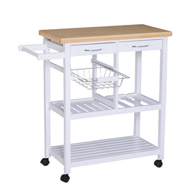 Wooden Rolling Kitchen Trolley Wood Top Island Storage Serving Cart Included Wine Rack with Drawers White